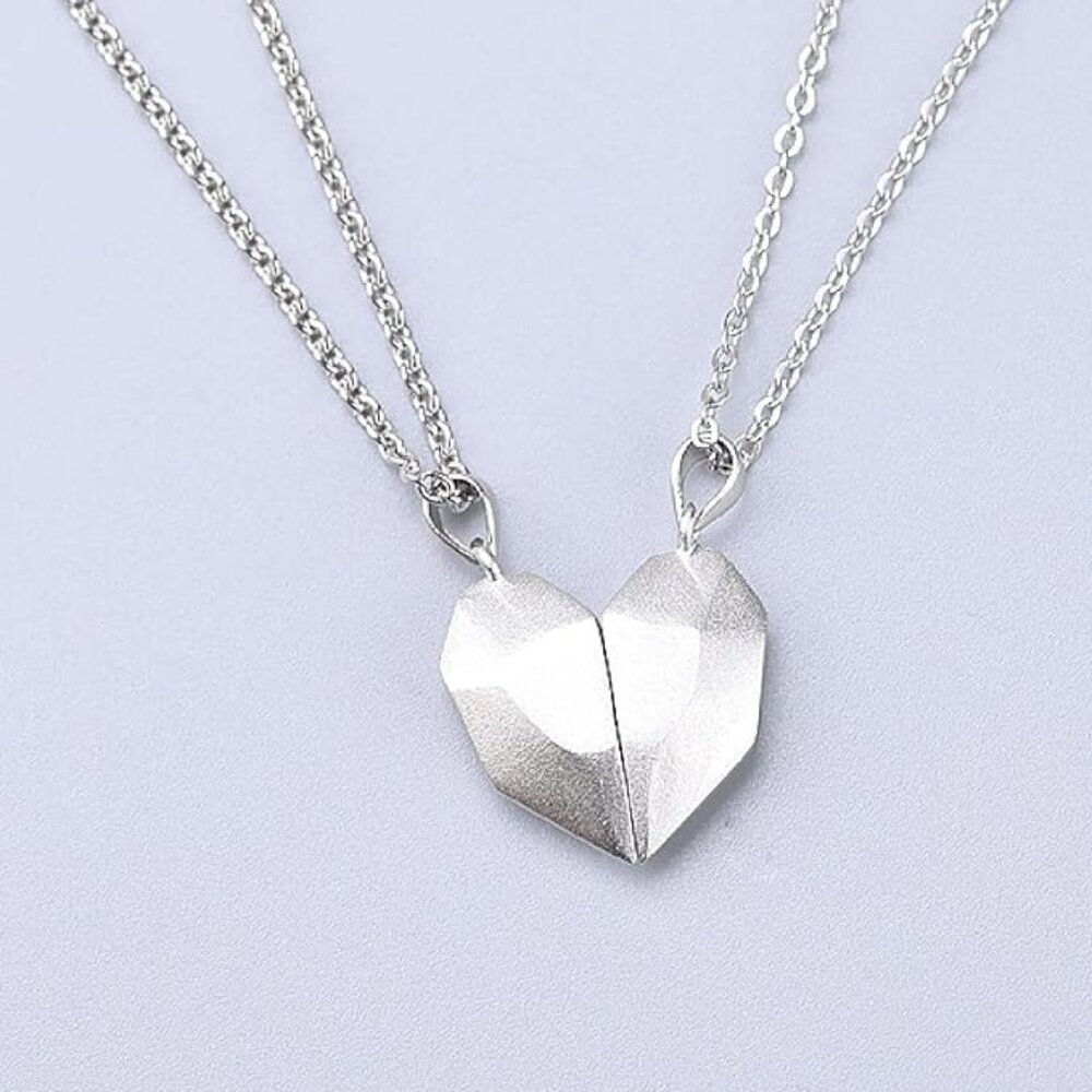 Heart Magnet Necklace Set for Couple - Silver w/ Silver, Great Gift, Anniversary